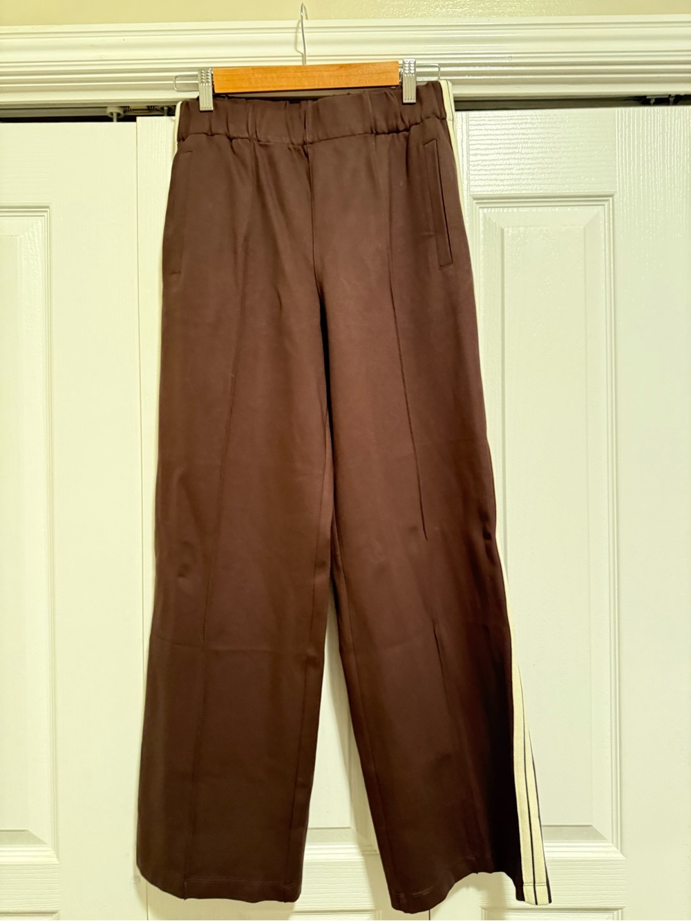 Mango Wide-Leg Track Pants in Brown with Cream Side Stripe